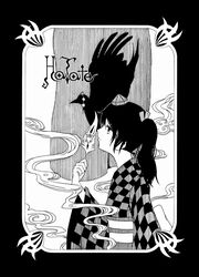  bad_id bad_pixiv_id bird border checkered crow female from_side greyscale hat highres himekaidou_hatate japanese_clothes kimono monochrome parody sash solo tokin_hat touhou twintails xxxholic yanagita_kousuke 