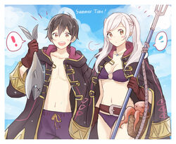  1boy animal belt bikini bikini_under_clothes black_hair blue_sky brown_gloves coat coat_on_shoulders commentary_request day dinikee female fire_emblem fire_emblem_awakening fire_emblem_heroes fish gloves holding holding_animal holding_fish hood hood_down hooded_coat looking_at_viewer male_swimwear morgan_(fire_emblem) morgan_(male)_(fire_emblem) mother_and_son navel official_alternate_costume open_clothes open_coat photoshop_(medium) polearm robin_(female)_(fire_emblem) robin_(female)_(summer)_(fire_emblem) robin_(fire_emblem) sky standing stomach swim_trunks swimsuit trident twintails weapon white_hair 