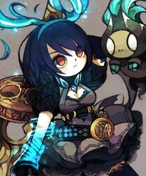  alice_(sinoalice) bad_id bad_pixiv_id belt black_belt black_gloves black_thighhighs blue_hair blue_hairband breasts cleavage closed_mouth commentary_request cowboy_shot diamond_(shape) dress elbow_gloves empty_eyes eyebrows eyes_visible_through_hair female frown gloves grey_background grey_dress hair_between_eyes hairband highres holding holding_sword holding_weapon huge_weapon looking_up medium_breasts nightmare_(sinoalice) no_pupils orange_eyes short_dress short_hair sinoalice solo sword thighhighs weapon yknsugar zettai_ryouiki 