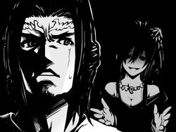  1boy bare_shoulders black_background breasts circlet cleavage commentary_request empty_eyes evil_smile facial_hair female goatee greyscale husband_and_wife ishiyumi izanagi_(p&amp;d) izanami_(p&amp;d) jewelry long_hair looking_back magatama medium_breasts monochrome necklace off_shoulder puzzle_&amp;_dragons smile 