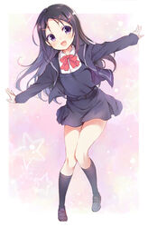  :d black_hair black_socks blush bow charlotte_(anime) chinese_commentary chiyingzai commentary_request female hair_ornament happy highres kneehighs loafers long_hair oerba_yun_fang open_mouth otosaka_ayumi outstretched_arms photoshop_(medium) purple_eyes school_uniform shoes skirt smile socks solo spread_arms 