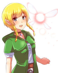  belt blonde_hair blue_eyes braid capelet choker collarbone commentary_request fairy female gem glint green_capelet hood hood_down hyrule_warriors linkle looking_at_viewer open_mouth pochita_(pochitaiko) pointy_ears short_sleeves sidelocks simple_background solo standing the_legend_of_zelda twin_braids upper_body white_background 