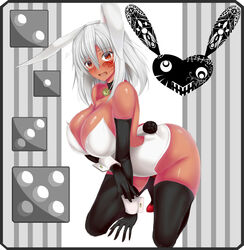  absurdres animal_ears bad_id bad_pixiv_id bell black_border black_gloves black_thighhighs blush border breasts choker cleavage elbow_gloves female gloves highres huge_breasts ill_(0022) kneeling leotard long_hair looking_at_viewer neck_bell open_mouth original playboy_bunny rabbit_ears rabbit_tail red_eyes solo tail tattoo tears thighhighs white_hair wrist_cuffs 