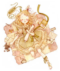  amputee barefoot blonde_hair blush book bow closed_eyes dress female fork hantoumei_namako happy ink money open_mouth pale_skin ribbon scissors simple_background smile 