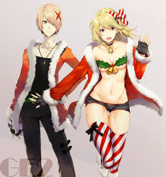  1boy bad_id bad_pixiv_id bell black_gloves blonde_hair bow bra breasts christmas cleavage coat collar diagonal_stripes female fingerless_gloves gloves god_eater god_eater_2:_rage_burst hairbow holly jewelry leaf_bikini long_hair looking_at_viewer medium_breasts multicolored_nails nail_polish navel neck_bell open_mouth pendant player_(god_eater_2) purple_eyes santa_costume short_hair smile striped_bow striped_clothes striped_thighhighs thighhighs tsujisaki_(coa3) underwear vertical-striped_clothes vertical-striped_thighhighs 