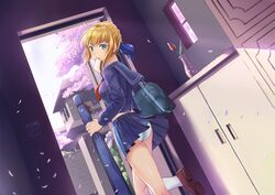  ahoge artoria_pendragon_(fate) ass black_skirt blonde_hair blue_ribbon blush bread capsule_servant chinese_commentary commentary_request fate_(series) female flower food food_in_mouth green_eyes hair_ribbon huanghyy kneehighs looking_at_viewer master_artoria neckerchief panties pleated_skirt red_neckerchief ribbon school_uniform serafuku short_hair skirt smile socks solo underwear vase white_panties white_socks 