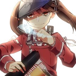  bad_id bad_pixiv_id brown_eyes brown_hair female kantai_collection long_hair ryuujou_(kancolle) scroll smile solo translated twintails upper_body visor_cap yarawi 