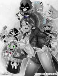  beast_boy blackfire blue_eyes cartoon_network cerebella_(skullgirls) chibi crossover cutout cyborg cyborg_(dc) dark_skin dc_comics dick_grayson eyeshadow facial_tattoo garfield_logan gizmo_(dc) green_eyes hat incipient_kiss jinx magician makeup monochrome multiple_boys multiple_girls raven raven_(dc) robin robin_(dc) self_shot selfie skullgirls spiked_hair starfire tattoo teen_titans terra terra_(dc) todd_l._milhouse victor_stone 