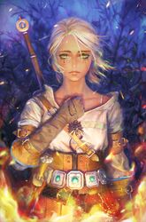  ciri commentary_request dagger female gloves green_eyes half_updo highres knife lips long_hair looking_at_viewer nababa parted_lips scar solo sword tears the_witcher_(series) the_witcher_3 upper_body weapon white_hair witcher_medallion 