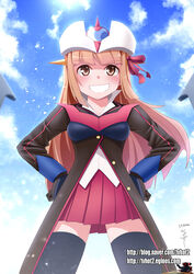  :d ? bad_id bad_pixiv_id black_coat black_gloves black_thighhighs blue_sky blunt_bangs breasts brown_eyes buttons chair cloud coat cowboy_shot dated day desk female glint gloves gradient_hair grin hands_on_own_hips hat highres light_particles long_hair long_sleeves looking_at_viewer multicolored_hair office_chair open_mouth orange_hair partially_unbuttoned photoshop_(medium) pink_hair pink_skirt pleated_skirt pose robot_girls_z sitting skirt sky small_breasts smile solo_focus standing straight_hair swivel_chair tareme teeth thighhighs tvhot2 v-shaped_eyebrows watermark web_address white_hat z-chan zettai_ryouiki 