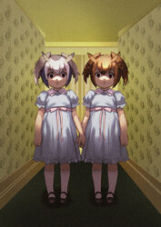  2girls black_footwear blue_dress brown_eyes brown_hair closed_mouth collared_dress commentary_request cosplay dress eurasian_eagle_owl_(kemono_friends) grady_sisters_(the_shining) grady_sisters_(the_shining)_(cosplay) grey_hair hallway head_wings holding_hands horror_(theme) indoors kemono_friends kneehighs korean_commentary looking_at_viewer mary_janes multicolored_hair multiple_girls northern_white-faced_owl_(kemono_friends) parody photoshop_(medium) pink_ribbon puffy_short_sleeves puffy_sleeves ribbon roonhee sash shaded_face shoes short_hair short_sleeves siblings socks the_shining twins two-tone_hair white_legwear wings 