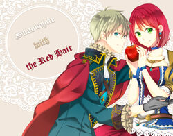  1boy akagami_no_shirayukihime apple aqua_eyes ascot bad_id bad_pixiv_id black_gloves blonde_hair blue_choker blue_jacket bob_cut buttons cape choker closed_mouth collar collarbone copyright_name dress earrings female food formal fruit gloves green_eyes hands_up holding holding_food holding_fruit jacket jewelry long_sleeves looking_at_viewer multicolored_clothes multicolored_dress necklace prince puffy_short_sleeves puffy_sleeves red_cape red_hair shirayuki_(akagami_no_shirayukihime) short_hair short_sleeves smile straight_hair suzushiro wristband zen_wistalia 