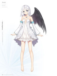  artist_name bare_legs bare_shoulders barefoot black_wings blue_eyes breasts character_name cleavage collarbone copyright_name criss-cross_halter detached_sleeves dress feathered_wings female full_body hair_ornament halterneck head_tilt highres looking_at_viewer panis_angelicus shining_(series) shining_ark shining_world short_hair simple_background single_wing sleeveless sleeveless_dress small_breasts smile solo standing tony_taka white_background white_dress white_hair wings 