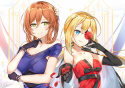  2girls alternate_costume alternate_hairstyle arm_across_waist bare_shoulders black_gloves blonde_hair blue_dress blue_eyes blush breasts brown_hair casual choker cleavage closed_mouth collarbone commentary_request dress elbow_gloves eyepatch finger_to_eyewear flower flower_eyepatch ginn_(hzh770121) girls&#039;_frontline gloves green_eyes hair_between_eyes hair_flower hair_ornament hair_rings hand_on_own_chin jacket jacket_on_shoulders large_breasts long_hair looking_at_viewer low_ponytail multiple_girls official_alternate_costume one_eye_covered open_mouth petals reaching reaching_towards_viewer red_dress ribbon sidelocks signature skorpion_(crimson_starlet)_(girls&#039;_frontline) skorpion_(girls&#039;_frontline) small_breasts smile springfield_(girls&#039;_frontline) springfield_(queen_in_radiance)_(girls&#039;_frontline) strap strapless strapless_dress tareme upper_body 