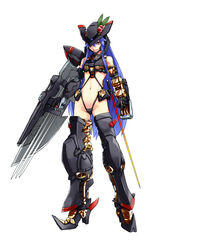  bad_id bad_pixiv_id blue_hair commentary_request female gundam gundam_astray_gold_frame_amatsu_mina_custom gundam_seed gundam_seed_astray highres hinanawi_tenshi hinomoto_madoka long_hair mecha_musume navel red_eyes revealing_clothes simple_background smile solo sword_of_hisou touhou white_background 