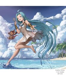  :d absurdly_long_hair ahoge artist_name ass bare_legs bare_shoulders barefoot beach blue_eyes blue_hair blush card chinese_commentary choker cloud commentary_request dated day female full_body granblue_fantasy hand_up highres holding holding_card huanghyy letterboxed long_hair looking_at_viewer lyria_(granblue_fantasy) no_panties ocean open_mouth outdoors outstretched_hand palm_tree photoshop_(medium) running see-through_silhouette sky smile soles standing standing_on_one_leg teeth thighlet tiptoes toes tree very_long_hair vyrn_(granblue_fantasy) wading water water_drop 