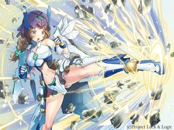  :o armor bare_shoulders blush boots braid breasts brown_eyes brown_hair cleavage clenched_hands clover clover_hair_ornament commentary_request copyright_name female floating_hair four-leaf_clover four-leaf_clover_hair_ornament gloves hair_ornament helmet kicking large_breasts leg_lift long_hair luck_&amp;_logic mecha_musume mechanical_wings midriff nanahoshi_yukari navel official_art open_mouth side_braid single_braid solo standing standing_on_one_leg sweatdrop v-shaped_eyebrows watermark wings yanyo_(ogino_atsuki) 