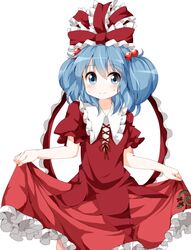  blue_eyes blue_hair bow commentary_request cosplay curtsey dress female hair_bobbles hair_ornament hairbow kagiyama_hina kagiyama_hina_(cosplay) kawashiro_nitori one-hour_drawing_challenge puffy_short_sleeves puffy_sleeves red_dress ruu_(tksymkw) short_sleeves skirt_hold smile solo touhou twintails two_side_up 