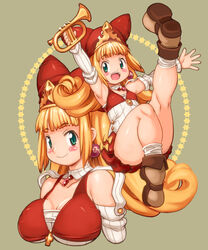  2girls :d alternate_breast_size arm_warmers bare_legs blonde_hair blush breasts brown_footwear commentary_request dual_persona earrings flat_chest flipped_hair green_eyes hat instrument jewelry kneepits kururu_(little_princess) large_breasts leg_up little_princess long_hair looking_at_viewer marl_kingdom multiple_girls open_mouth photoshop_(medium) red_hat shiny_skin shoes smile socks star_(symbol) trumpet yu_3 