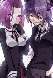  2girls bad_id bad_pixiv_id black_dress dress dress_shirt eyepatch glowing glowing_eyes grin hair_ornament halo hands_in_pockets kantai_collection mechanical_halo multiple_girls necktie purple_eyes purple_hair sharp_teeth shirt short_hair skirt smile tatsuta_(kancolle) teeth tenryuu_(kancolle) upper_body yarawi yellow_eyes 