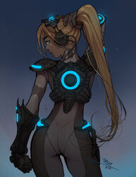  alternate_costume alternate_hair_color alternate_skin_color armor ass blonde_hair blue_eyes bodysuit commentary company_connection cosplay dimples_of_venus english_commentary female from_behind gloves headset looking_back neon_trim night nova_(starcraft) nova_(starcraft)_(cosplay) overwatch overwatch_1 pantylines pauldrons ponytail shoulder_armor solo starcraft terran vashperado widowmaker_(overwatch) 