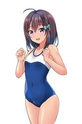  ahoge bare_shoulders blush braid brown_hair collarbone covered_navel green_ribbons hair_between_eyes hair_ribbon high_school_fleet highres kanabun looking_at_viewer one-piece_swimsuit open_mouth purple_eyes ribbon short_hair simple_background smile solo swimsuit teeth thighs uchida_mayumi white_background 