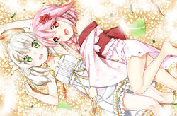  2girls @ichigo absurdres baimi_(dong-jin_rice-hime) braid chinese_commentary commentary_request dong-jin_rice-hime dress dutch_angle flower food gold_trim green_eyes hair_flower hair_ornament highres japanese_clothes kimono legs lettuce long_sleeves lying multiple_girls open_mouth pink_eyes pink_hair sergestid_shrimp_in_tungkang short_hair shrimp single_braid suiji white_dress white_hair wide_sleeves xuan_ying yukata 