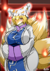  anthro asian_mythology big_breasts breasts canid canine clothing east_asian_mythology female fire fox fox_spirit hat headgear headwear kitsunebi lace mammal multi_tail mythology nightcap ran_yakumo slightly_chubby solo tail touhou will-o&#039;-the-wisp ymbk 