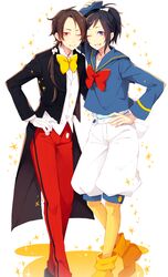  2boys blue_eyes bow bowtie brown_hair commentary_request cosplay disney donald_duck donald_duck_(cosplay) donald_duck_sailor_hat earrings gloves hand_on_own_hip highres jewelry kashuu_kiyomitsu long_hair looking_at_viewer male_focus mickey_mouse mickey_mouse_(cosplay) multiple_boys one_eye_closed parted_lips ponytail red_bow red_bowtie red_eyes smile tailcoat touken_ranbu white_gloves yamato-no-kami_yasusada yellow_bow yellow_bowtie yugake_(mrnmrm) 