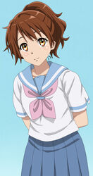  arms_behind_back blue_background blue_sailor_collar blue_skirt brown_eyes brown_hair commentary_request cowboy_shot cp9a female hibike!_euphonium kitauji_high_school_uniform looking_at_viewer neckerchief oumae_kumiko photoshop_(medium) pink_neckerchief ponytail sailor_collar school_uniform serafuku short_hair simple_background skirt smile solo 