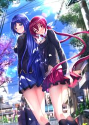  2girls bag black_legwear blue_eyes blue_hair blush cherry_blossoms cloud commentary_request day from_behind highres joukamachi_no_dandelion kneehighs lens_flare long_hair long_legs looking_at_viewer looking_back low_twintails multiple_girls outdoors pink_eyes pink_hair power_lines sakurada_akane sakurada_aoi school_bag school_uniform skirt sky smile socks swordsouls tree twintails very_long_hair 