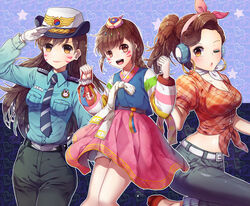  3girls alternate_hairstyle animal_print bag belt blue_background blue_necktie blue_shirt blush braid breast_pocket breasts brown_eyes brown_hair cleavage clenched_hands collarbone collared_shirt commentary cowboy_shot crop_top cruiser_d.va d.va_(overwatch) earrings eyeshadow facepaint facial_mark female_service_cap gloves gomusin grey_necktie grey_pants hair_ornament hanbok head_scarf headphones heart holding hoop_earrings jewelry knees_together_feet_apart korean_clothes leg_up long_hair long_sleeves looking_at_viewer makeup medium_breasts midriff multiple_girls multiple_persona national_police_agency_(south_korea) necktie officer_d.va official_alternate_costume one_eye_closed outline overwatch overwatch_1 palanquin_d.va pants patterned_background photoshop_(medium) pink_lips pink_skirt plaid plaid_shirt pocket police police_uniform policewoman ponytail puckered_lips rabbit_hair_ornament rabbit_print red_footwear salute shirt shoes short_sleeves skirt smile standing standing_on_one_leg star_(symbol) striped striped_necktie striped_sleeves swept_bangs tassel tight_clothes tight_pants tora_(tora_factory) uniform whisker_markings white_gloves 