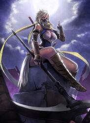  armor belt blurry breasts cleavage cleavage_cutout clothing_cutout cloud commentary_request depth_of_field elbow_gloves female fingerless_gloves foreshortening full_body full_moon gloves greaves hair_between_eyes highres holding holding_weapon jchoy katana kuji-in large_breasts looking_at_viewer mask mole mole_under_eye moon mouth_mask night night_sky ninja orange_eyes original outdoors photoshop_(medium) polearm ruins scarf scythe short_hair showgirl_skirt sidelocks sitting skirt sky slit_pupils solo sword vambraces weapon white_hair 