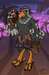  2010 accipitrid accipitriform alcohol animal_crossing anthro avery_(animal_crossing) avian beer beverage biped bird black-chested_buzzard-eagle boombox bottomwear claws clothing detailed_background eagle footwear holding_object looking_at_viewer male marisama nintendo outside palm_tree pants plant sandals shorts signature sky smile solo standing star toe_claws tree winged_arms wings 