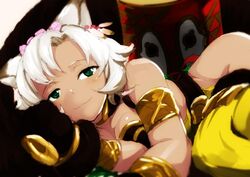  animal_ears blush breasts cat_ears commentary_request dark_skin erune female flower granblue_fantasy green_eyes hair_flower hair_ornament k2isu looking_at_viewer lying medium_breasts melleau on_side smile white_hair 