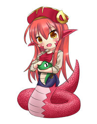  blush breasts chibi commentary_request erusen_(des-arms) female full_body hat hat_ornament lamia long_hair medium_breasts miia_(monster_musume) monster_girl monster_musume_no_iru_nichijou oerba_yun_fang pointy_ears red_hair scales shirt simple_background solo stuffed_animal stuffed_snake stuffed_toy taut_clothes taut_shirt white_background yellow_eyes 