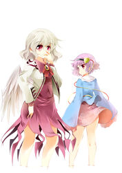  2girls adapted_costume angel_wings bare_legs beige_jacket blouse blue_shirt bow breasts brooch clothes_lift collar commentary_request covering_own_mouth dress floral_print frilled_shirt_collar frills from_behind grey_hair hairband heart highres hip_focus jacket jewelry kishin_sagume kneepits komeiji_satori legs long_sleeves looking_at_viewer mackintosh_rose medium_breasts miniskirt multiple_girls photoshop_(medium) pink_skirt purple_hair purple_shirt purple_skirt red_eyes red_pupils rose_print shirt short_hair simple_background single_wing skirt skirt_lift smile thighs touhou usuusu wavy_hair white_background wings 