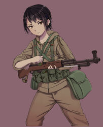  ammunition asymmetrical_sleeves bad_id bad_pixiv_id bayonet black_hair brown_eyes brown_jacket brown_pants chevron_(symbol) clip_(weapon) collar_tabs collarbone commentary cropped_legs dark-skinned_female dark_skin fatigues female gun gun_sling highres holding holding_clip_(weapon) holding_gun holding_weapon hood hood_down hooded_jacket jacket load_bearing_equipment long_sleeves military military_jacket military_uniform nikolai_ezhov original pants pouch purple_background reloading rifle rifle_cartridge short_hair simple_background sks sleeves_rolled_up solo uniform weapon 