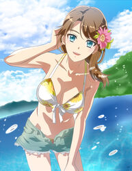  absurdres arleta artist_name bikini blue_eyes blue_sky breasts brown_hair cloud commentary_request cowboy_shot dated day female floral_print flower hair_flower hair_ornament hand_up hasegawa_hinako highres lipstick looking_at_viewer makeup medium_breasts midriff navel open_fly open_mouth outdoors short_shorts shorts sky solo standing swimsuit tada-kun_wa_koi_wo_shinai water water_drop 