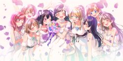  &gt;_&lt; 6+girls :3 :d absurdres ayase_eli black_hair blonde_hair blue_eyes bouquet breasts brown_hair closed_eyes commentary_request dress flower hair_flower hair_ornament hair_ribbon highres hina_(hinalovesugita) holding holding_bouquet hoshizora_rin koizumi_hanayo kosaka_honoka large_breasts leaning_in long_hair love_live! love_live!_school_idol_project minami_kotori multiple_girls nishikino_maki one_eye_closed open_mouth orange_hair outstretched_arms petals ponytail purple_eyes purple_hair red_eyes red_hair ribbon short_hair smile sonoda_umi tojo_nozomi twintails wedding_dress white_dress yazawa_nico yellow_eyes 