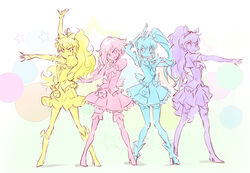  4girls ahoge blake_belladonna blush boots bow brooch commentary cosplay cure_fortune cure_fortune_(cosplay) cure_honey cure_honey_(cosplay) cure_lovely cure_lovely_(cosplay) cure_princess cure_princess_(cosplay) embarrassed hairbow happinesscharge_precure! heart heart_brooch highres iesupa jewelry knee_boots magical_girl multiple_girls multiple_monochrome pose precure ruby_rose rwby scar scar_on_face skirt thigh_boots thighhighs weiss_schnee wide_ponytail yang_xiao_long 