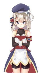  azur_lane bare_shoulders beret black_shorts bodysuit book bow commentary_request cowboy_shot elbow_gloves female gloves hair_ornament hat hat_bow looking_at_viewer offensive_skill_book_(azur_lane) platinum_blonde_hair purple_eyes short_hair shorts smile solo white_background white_gloves z23_(azur_lane) zatracenie 