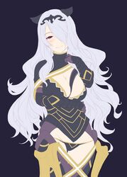  breasts camilla_(fire_emblem) cleavage commentary_request female fire_emblem fire_emblem_fates hair_over_one_eye jpeg_artifacts large_breasts long_hair purple_hair solo syacyo 