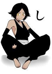  ban_paku_(arazio) black_hair bleach feet female female japanese_clothes looking_at_viewer shihouin_yoruichi sitting smile smirk solo spread_legs toes yellow_eyes younger 