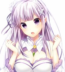  bare_shoulders blush braid breasts commentary_request elf emilia_(re:zero) female flower grey_hair hair_flower hair_ornament hair_ribbon large_breasts long_hair looking_at_viewer ntk_(7t5) open_mouth pointy_ears purple_eyes re:zero_kara_hajimeru_isekai_seikatsu ribbon solo x_hair_ornament 