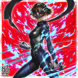  aura black_scarf blue_bodysuit bodysuit braid breasts brown_hair clenched_hands clenched_teeth commentary_request cowboy_shot crown_braid dated female fighting_stance from_side grey_mask highres holding holding_weapon ikeda_(cpt) legs_apart looking_at_viewer looking_to_the_side mask medium_breasts niijima_makoto open_mouth persona persona_5 persona_q2:_new_cinema_labyrinth persona_q_(series) photoshop_(medium) red_background red_eyes scarf short_hair simple_background solo spikes standing steel_mask teeth weapon 