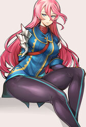  akinaie black_pants blue_eyes blue_jacket commentary_request female hair_between_eyes jacket leaning_to_the_side long_hair looking_at_viewer megido72 pants pink_hair sitting sleeves_rolled_up solo strap thighs very_long_hair vual_(megido72) 