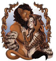  2018 5_fingers anthro black_hair black_mane brown_body brown_fur brown_hair closed_eyes digital_media_(artwork) duo felid female fingers fur hair hi_res hug lion male mammal mane monotone_mane navel pantherine robyn_paperdoll smile striped_body striped_fur stripes tan_body tan_fur tiger 