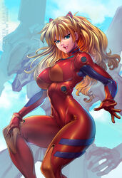  :d aged_up alternate_breast_size alternate_hair_color artist_name blue_eyes bodysuit bokuman bracer breasts character_name cloud commentary covered_navel curvy day english_commentary eva_02 evangelion_(mecha) female from_side gloves hair_between_eyes hair_ornament hip_focus large_breasts long_hair looking_at_viewer mecha neon_genesis_evangelion open_mouth orange_hair outdoors photoshop_(medium) pilot_suit plugsuit robot science_fiction shiny_clothes skin_tight sky smile souryuu_asuka_langley thighs turtleneck wavy_hair 