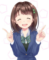  :d ^_^ blazer blue_jacket blush bow bowtie closed_eyes collared_shirt commentary_request diagonal_stripes facing_viewer female green_bow green_bowtie hair_ornament hands_up highres index_finger_raised indie_virtual_youtuber jacket long_hair long_sleeves mimikaki_(men_bow) open_mouth round_teeth shirt smile solo striped_bow striped_bowtie striped_clothes tamane_uta teeth upper_teeth_only virtual_youtuber white_shirt 